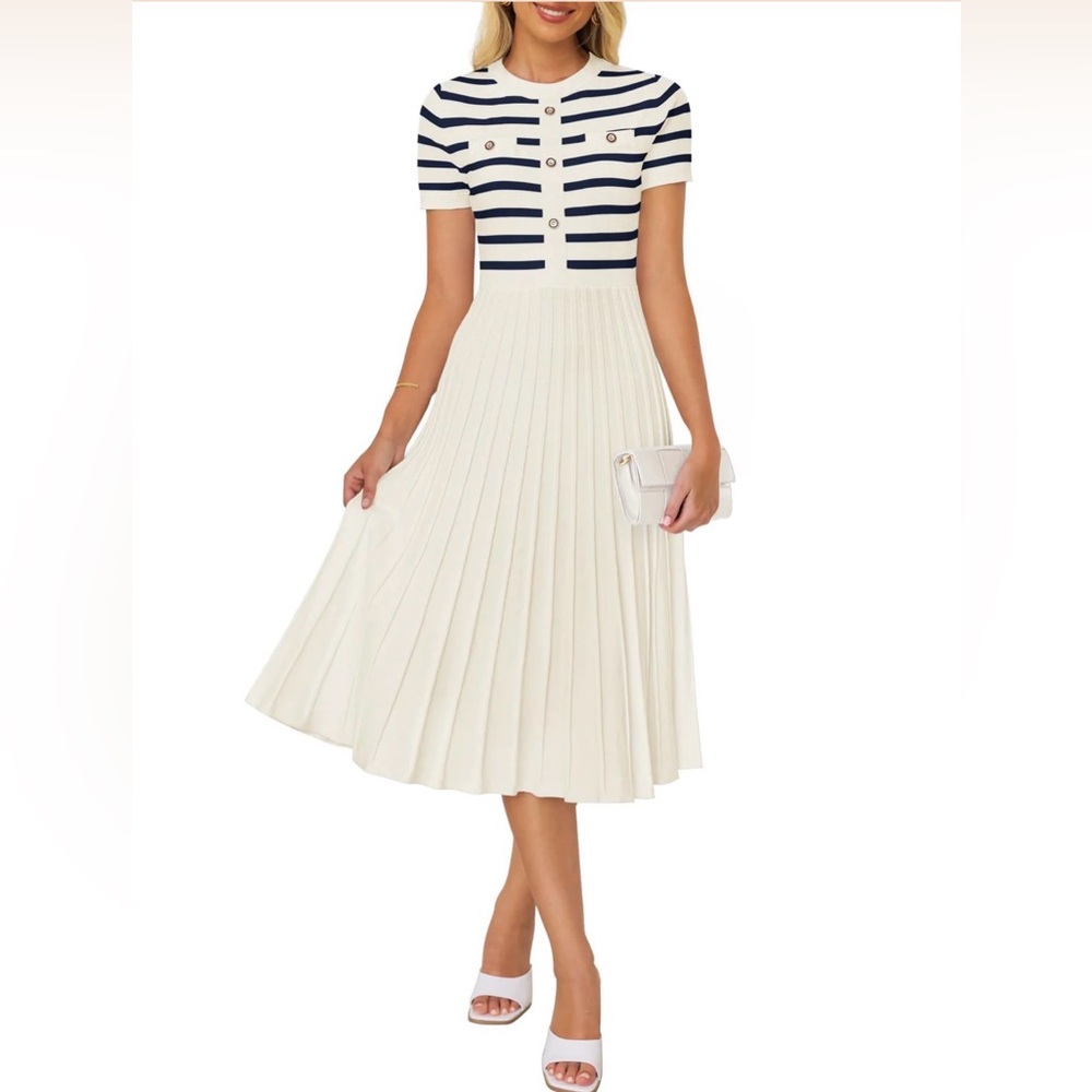 Nautical Stripe Knit Midi Dress - Ivory & Navy - Size M - Picture 5 of 7